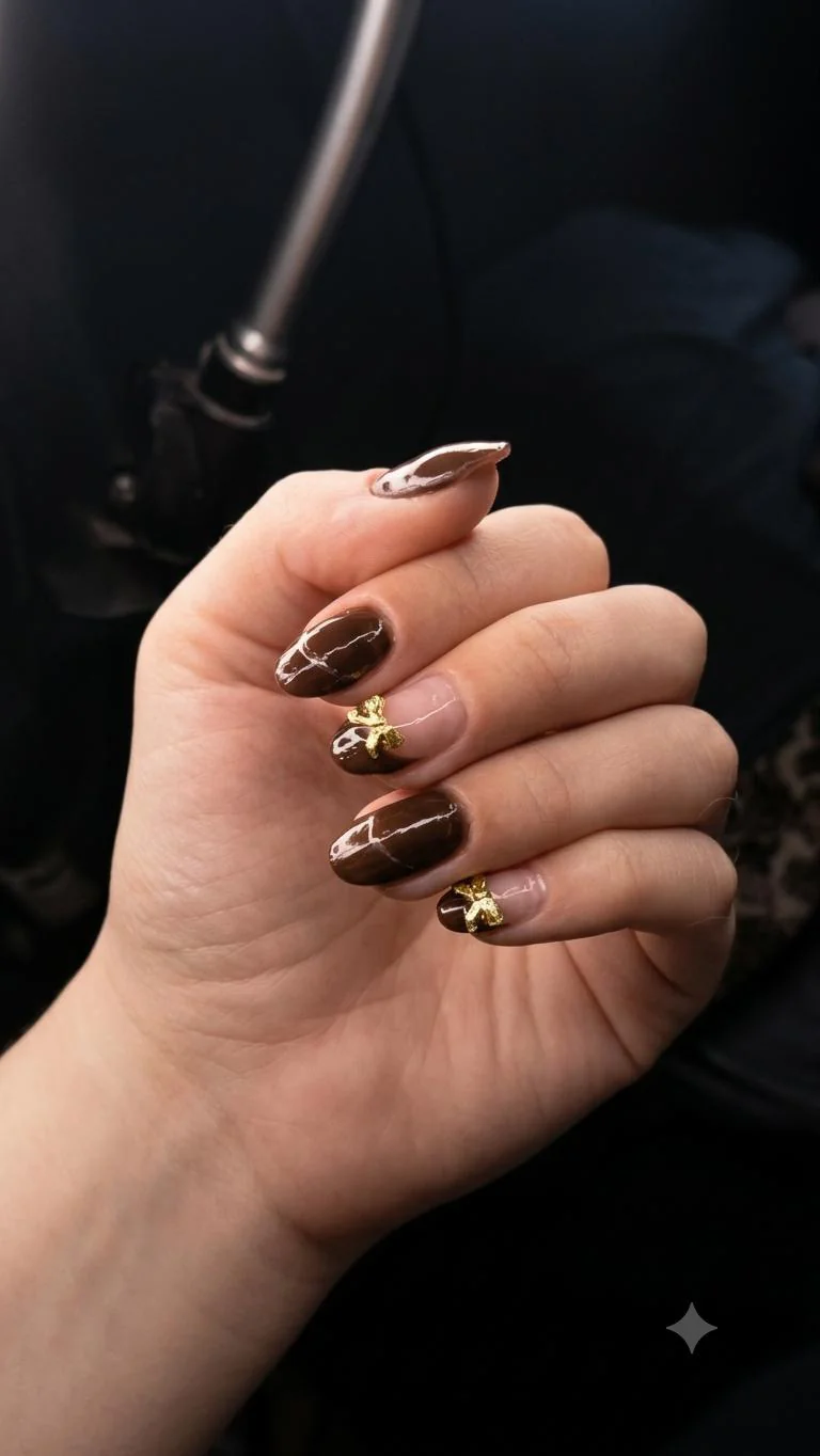 Unhas em marrom escuro com nail art de lacinhos dourados